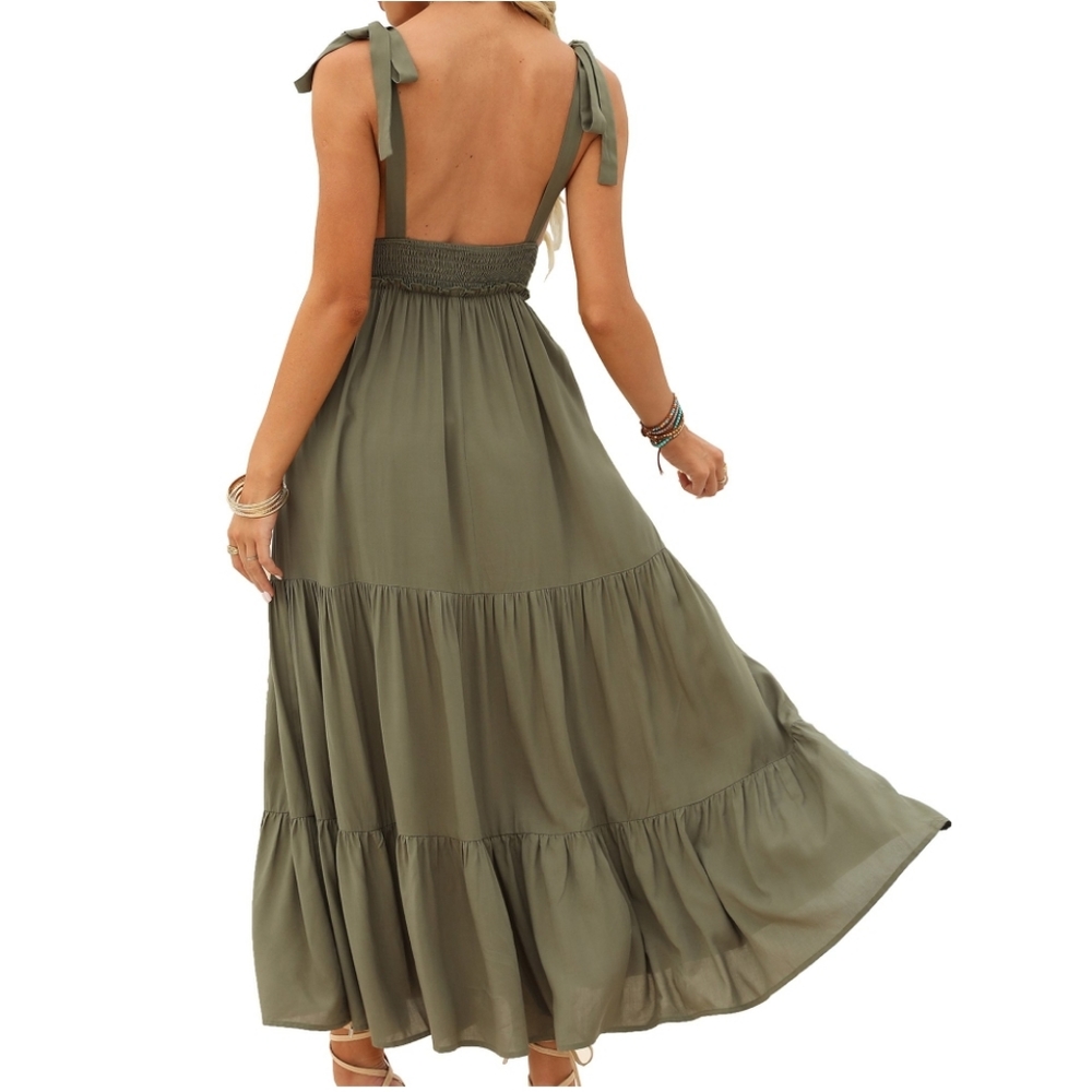 🌟 Women's Tiered Sleeveless Army Green Maxi Dress, Size Small - Picture 2 of 11
